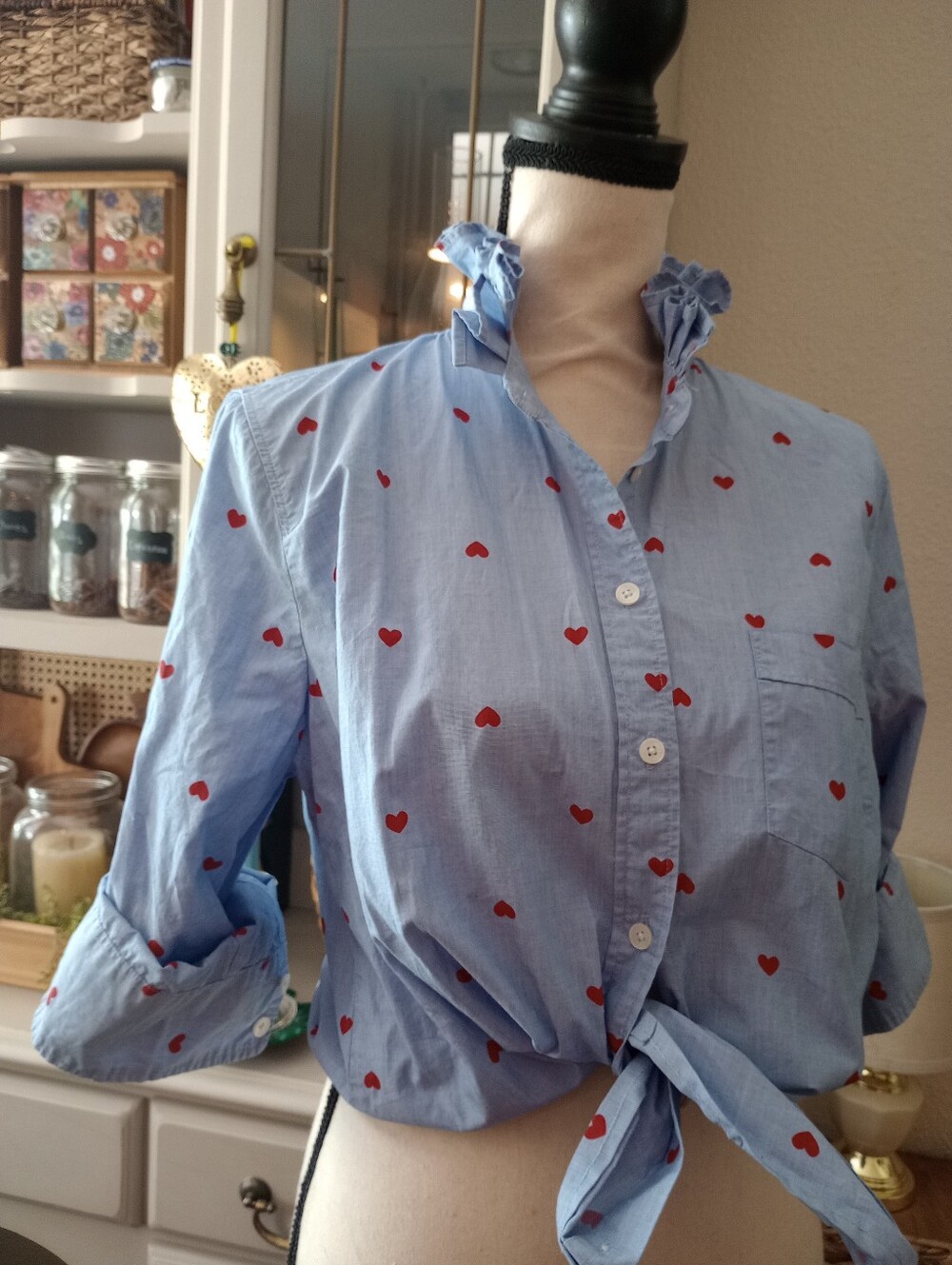 Light Blue Button-Front Shirt with Red Heart Print